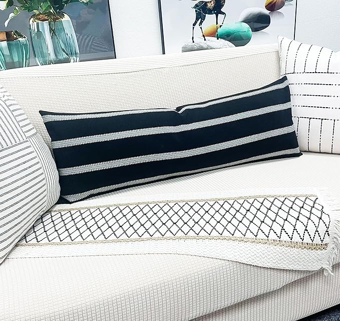 Slow Cow Linen Off White and Black Rectangular Throw Pillow Covers Striped - Image 5