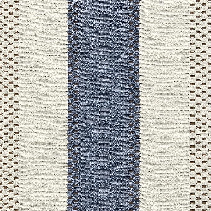 ZeeMart Macrame Style Bicolor Stitching Table Runner, 12 x 90 Inch Blue/Ivory - Image 6