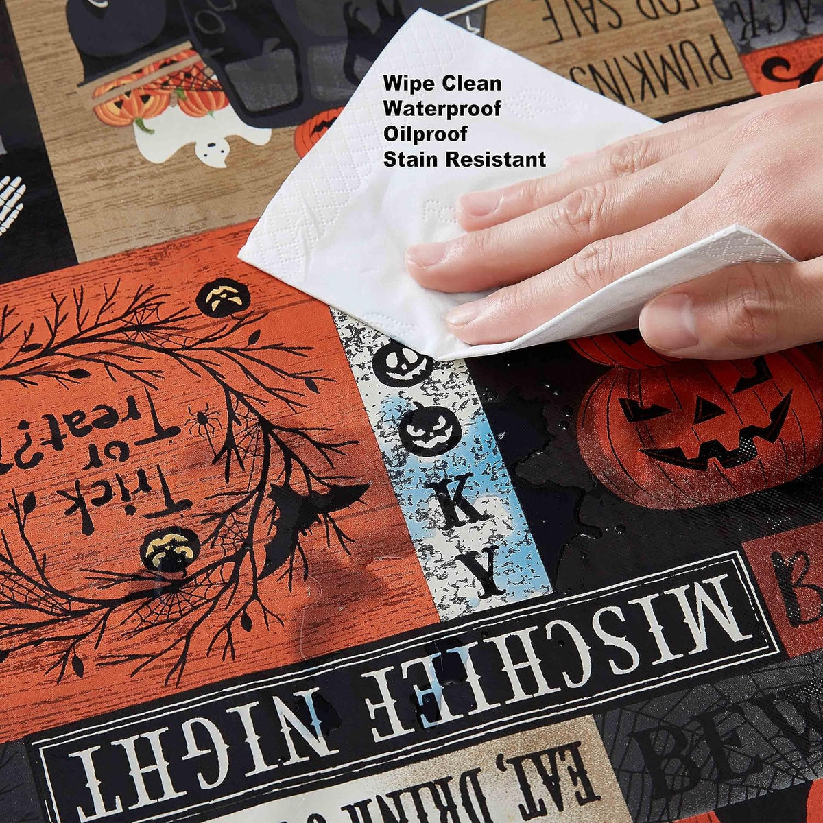 Newbridge Halloween Rustic Spooky Farm 60 x 120 Inch Rectangle Vinyl Tablecloth with Flannel Backing, Vintage Halloween Truck and Pumpkin Design, Easy Care Wipe Clean Table Cover
