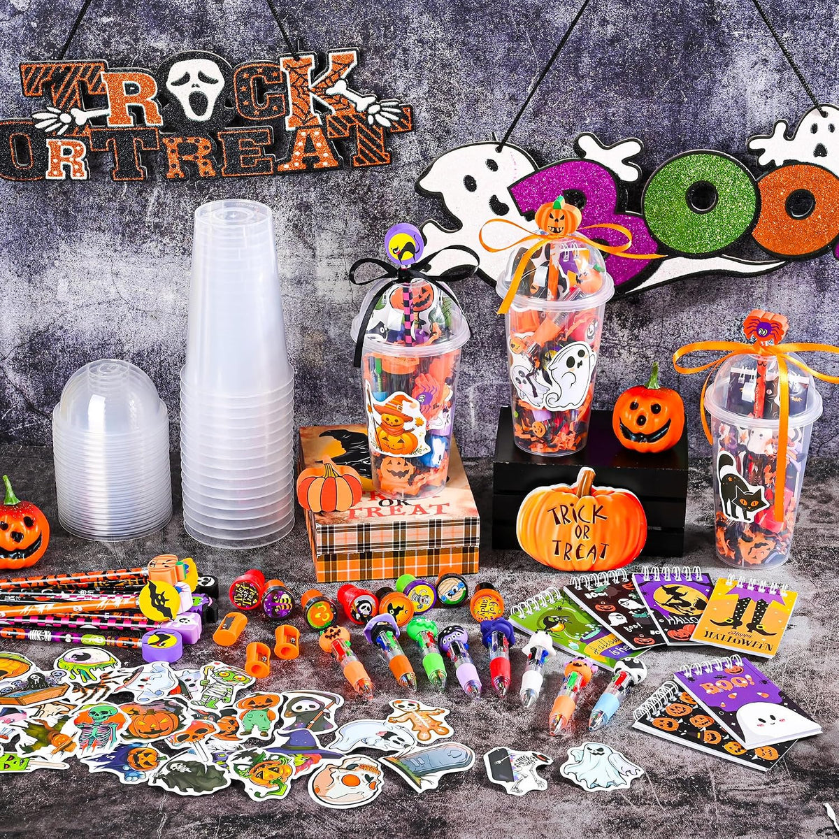 LiYiQ 24 Set 247 Pcs Halloween Party Favors Return Gifts for Party, Student Stationery Gifts from Teacher, Pencil Erasers Notebooks Stickers for Classroom Birthday Goodie Bags Rewards Prizes
