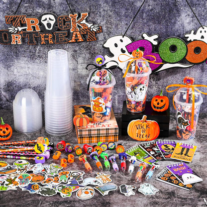 LiYiQ 24 Set 247 Pcs Halloween Party Favors Return Gifts for Party, Student Stationery Gifts from Teacher, Pencil Erasers Notebooks Stickers for Classroom Birthday Goodie Bags Rewards Prizes