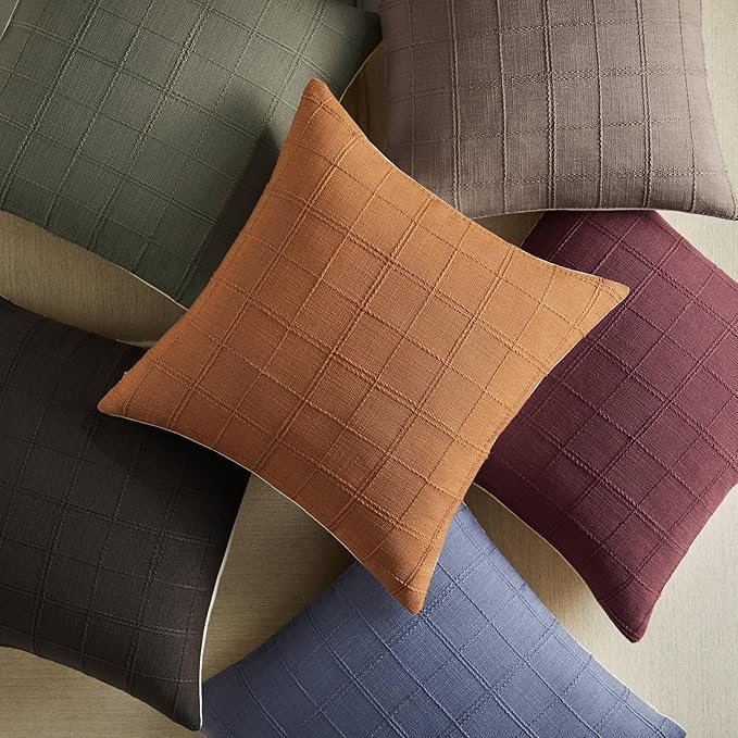ZeeMart Linen Checked Throw Pillow Covers Set of 2, 16x16 Inch Burgundy/Cream - Image 5