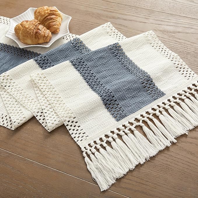 ZeeMart Macrame Style Bicolor Stitching Table Runner, 14 x 60 Inch Navy/Ivory - Image 7