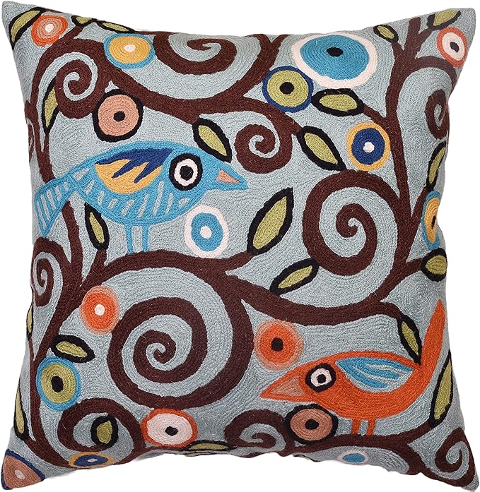 Tree of Life Birds Pillow Cover Teal Blue Floral Pillowcase Botanical Floral by Kashmir+Designs