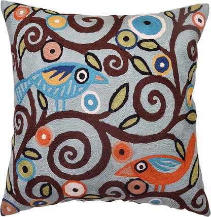 Tree of Life Birds Pillow Cover Teal Blue Floral Pillowcase Botanical Floral by Kashmir+Designs