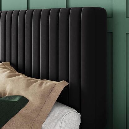 allewie full bed frame, velvet upholstered platform bed, side view