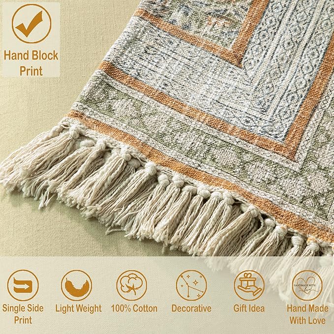 100% Pure Cotton Handblock Printed Throw Blanket, Soft 50" x 60" Fringed Floral - Image 2