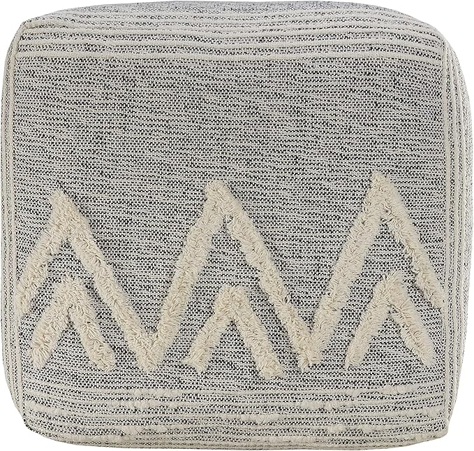 LR Home Gray/Ivory Geometric Hand-Woven Polyester Ottoman Pouf - Image 4