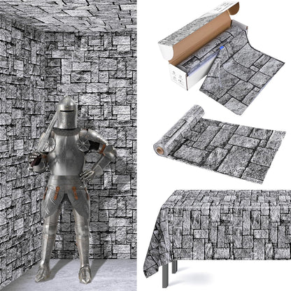 Aneco 120 Ft x 54 Inch Halloween Stone Wall Tablecloth Roll with Cutter Box Disposable Brick Stone Plastic Table Cover Medieval Brick Wall Backdrops for Castle Knight Theme Parties and Birthdays