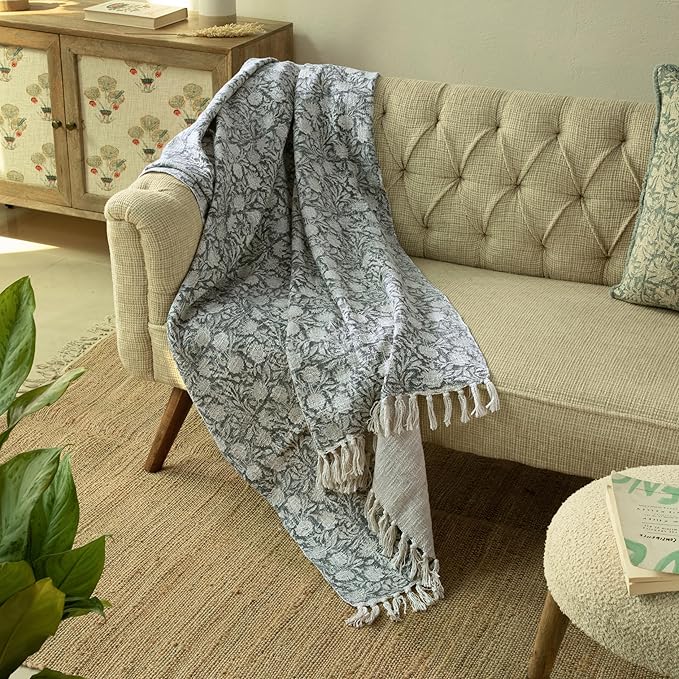 100% Pure Cotton Handblock Printed Throw Blanket, Soft 50" x 60" Fringed Floral by Unknown