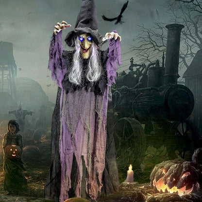 JOYIN 72” Halloween Hanging Witch Decorations Outdoor, Flying Talking Ghost Decor Light Up Eyes Sound Activated, Outside Indoor Haunted House Prop for Lawn Yard Garden, Purple