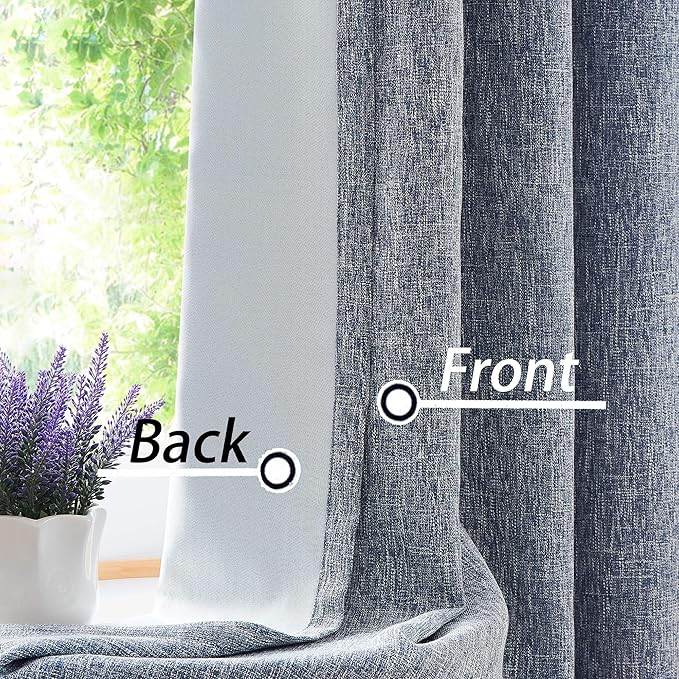 Navy Solid Full Blackout Curtain Heavy Linen Texture Window Treatment - Image 2