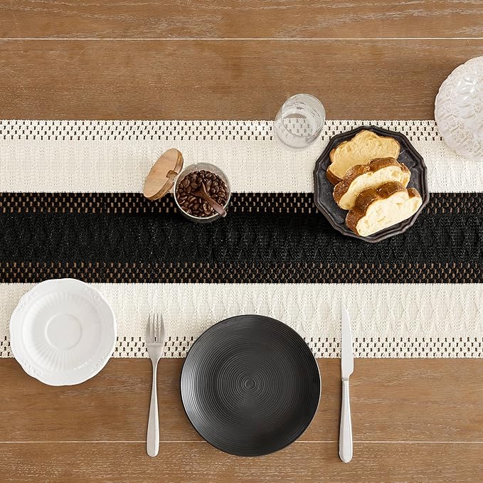 ZeeMart Macrame Style Bicolor Stitching Table Runner, 14 x 108 Inch Black/Ivory - Image 5