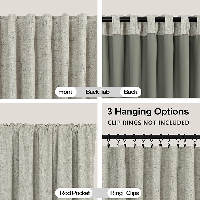 KOUFALL Neutral Greige Curtains Black Out 63 Inch Long, Back Tab Linen Blackout - Image 3