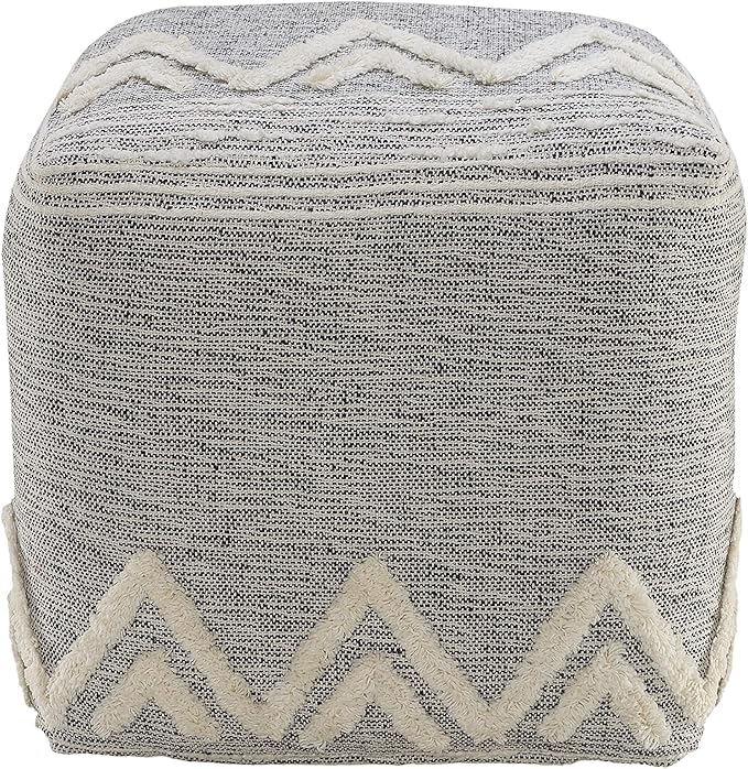 LR Home Gray/Ivory Geometric Hand-Woven Polyester Ottoman Pouf - Image 5