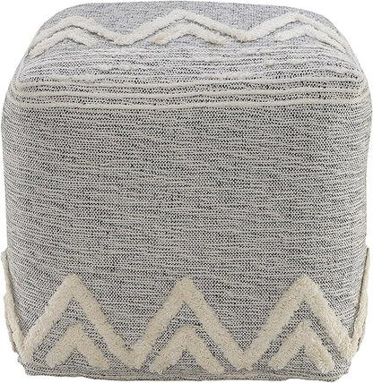LR Home Gray/Ivory Geometric Hand-Woven Polyester Ottoman Pouf - Image 5