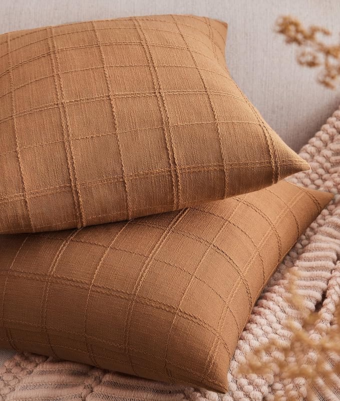 ZeeMart Linen Checked Throw Pillow Covers Set of 2, 18x18 Inch Allover Grid by ZEEMARTONLINE