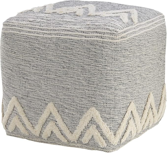 LR Home Gray/Ivory Geometric Hand-Woven Polyester Ottoman Pouf - Image 6