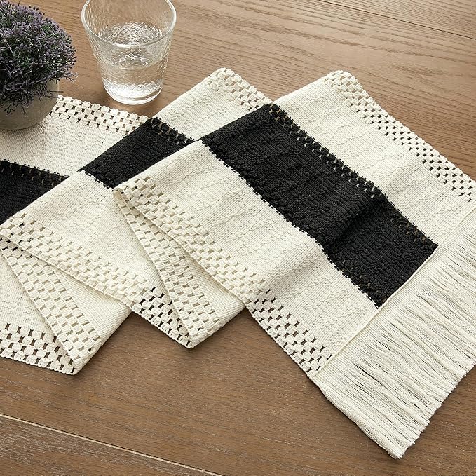 ZeeMart Macrame Style Bicolor Stitching Table Runner, 12 x 108 Inch Black/Ivory - Image 7