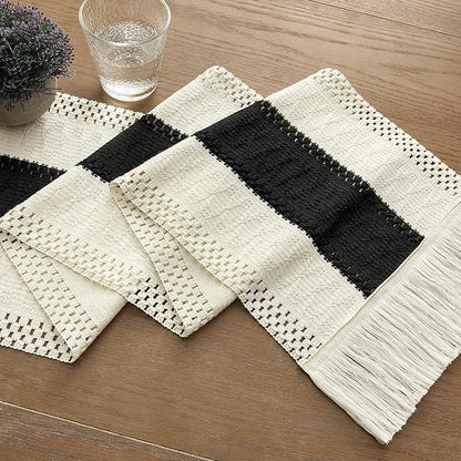 ZeeMart Macrame Style Bicolor Stitching Table Runner, 12 x 108 Inch Black/Ivory - Image 7
