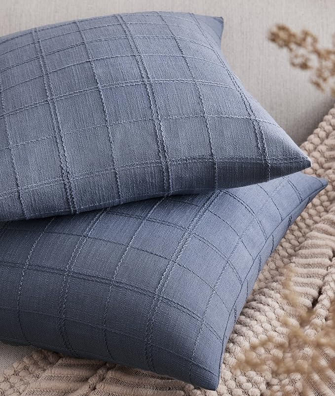 ZeeMart Linen Checked Throw Pillow Covers Set of 2, 22x22 Inch Allover Grid Blue by ZEEMARTONLINE