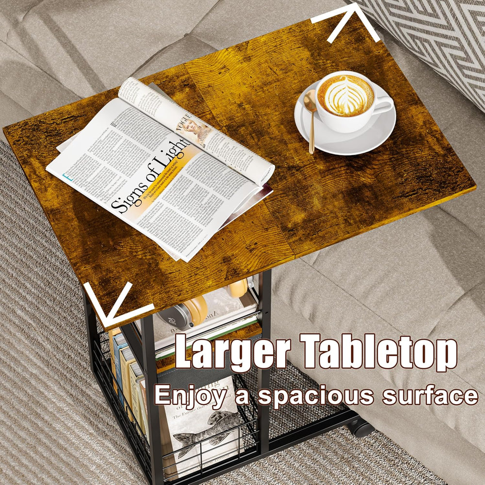 Rolling Side Table, TV Trays, C Table with Charging Station, Storage Drawer