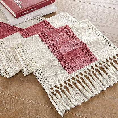 ZeeMart Macrame Style Bicolor Stitching Table Runner, 14 x 90 Inch Dusty - Image 7