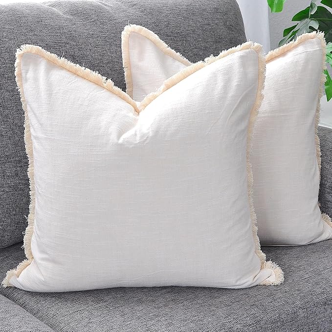 18×18 Ivory White Decorative Fringe Cotton Pillow Covers Boho Farmhouse Throw - Image 4