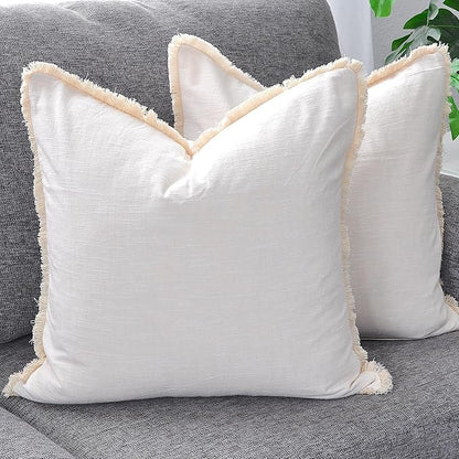 18×18 Ivory White Decorative Fringe Cotton Pillow Covers Boho Farmhouse Throw - Image 4