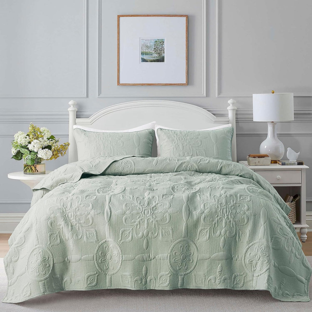 sage green damask quilt queen size bedding sets, main product view