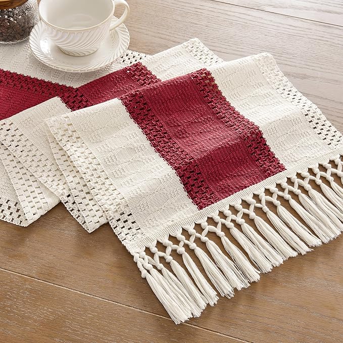 ZeeMart Macrame Style Bicolor Stitching Table Runner, 14 x 60 Inch Red/Ivory - Image 7