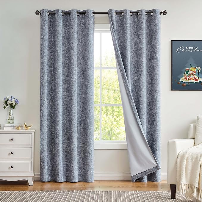 Navy Solid Full Blackout Curtain Heavy Linen Texture Window Treatment by CentralPark