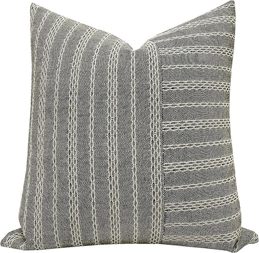 Slow Cow Black and Beige Patchwork Stripe Decorative Throw Pillow Cover Cushion by SLOW+COW