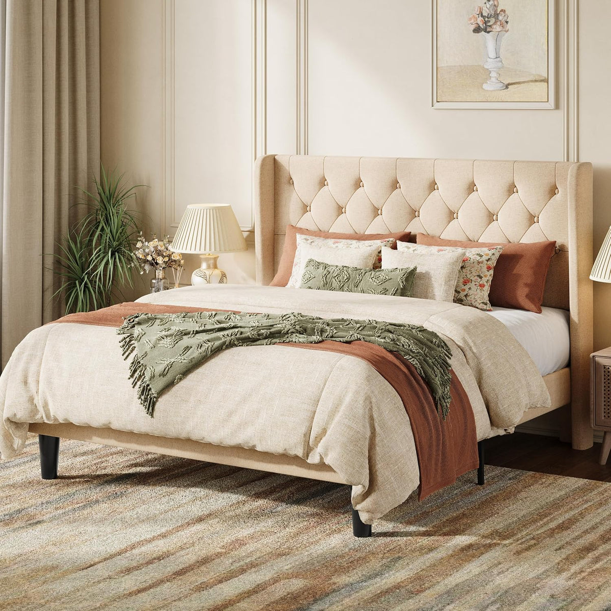 sha cerlin queen upholstered bed frame, button tufted, main product view