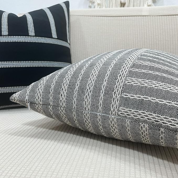 Slow Cow Black and Beige Patchwork Stripe Decorative Throw Pillow Cover Cushion - Image 3