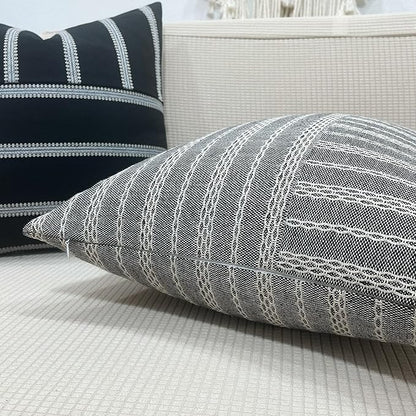 Slow Cow Black and Beige Patchwork Stripe Decorative Throw Pillow Cover Cushion - Image 3