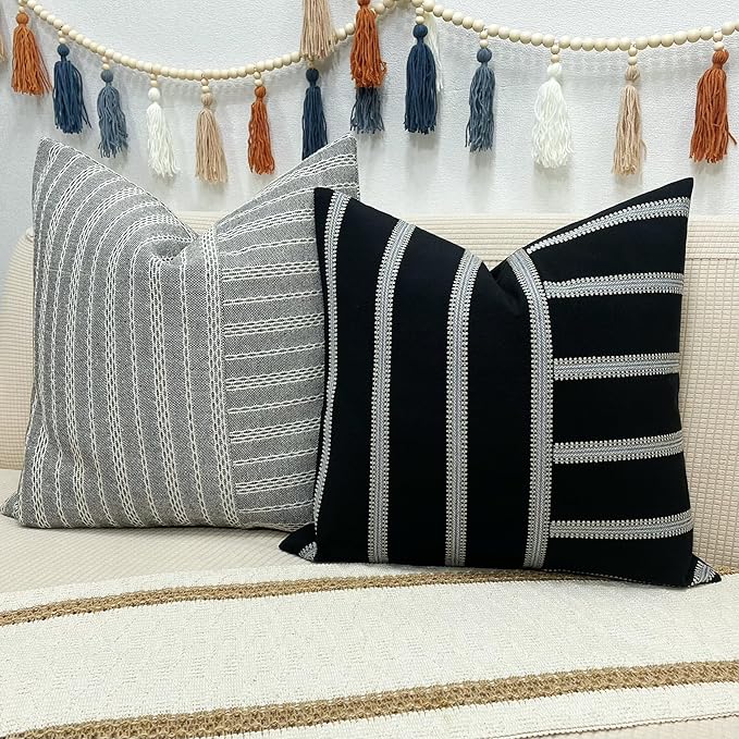 Slow Cow Linen Black and Off White Patchwork Stripe Throw Pillow Cover Cushion - Image 3