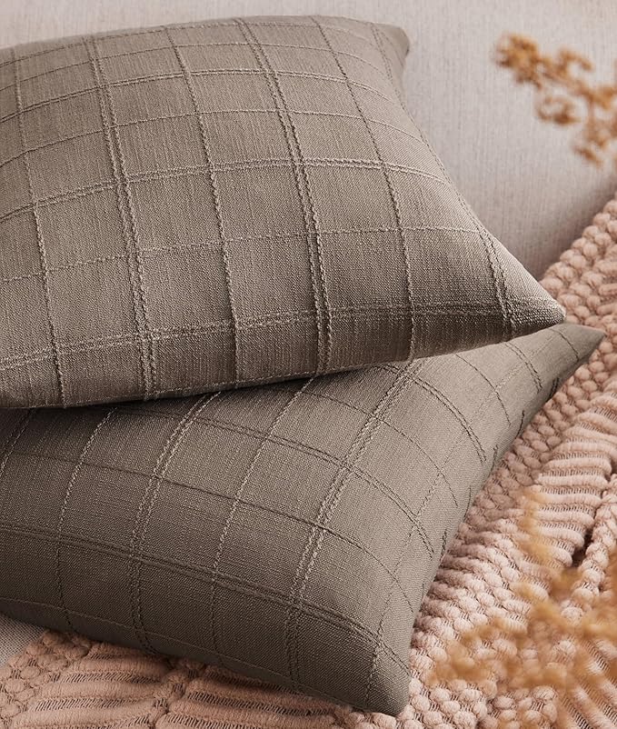 ZeeMart Linen Checked Throw Pillow Covers Set of 2, 18x18 Inch Allover Grid by ZEEMARTONLINE