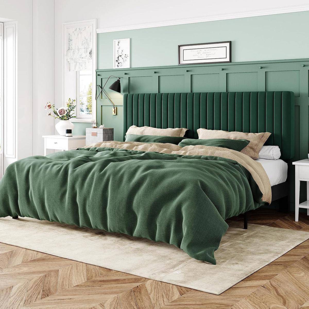 allewie king bed frame, velvet upholstered platform bed, main product view