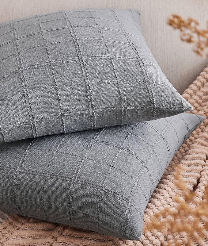 ZeeMart Linen Checked Throw Pillow Covers Set of 2, 22x22 Inch Allover Grid by ZEEMARTONLINE