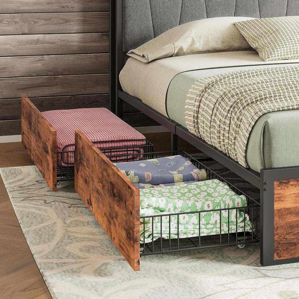 LIKIMIO King Size Bed Frame with 4 Storage Drawers and Charged Headboard