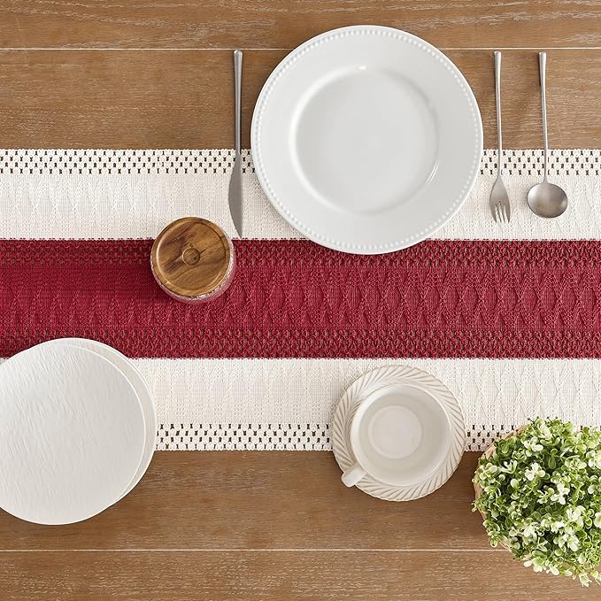 ZeeMart Macrame Style Bicolor Stitching Table Runner, 14 x 60 Inch Red/Ivory - Image 5