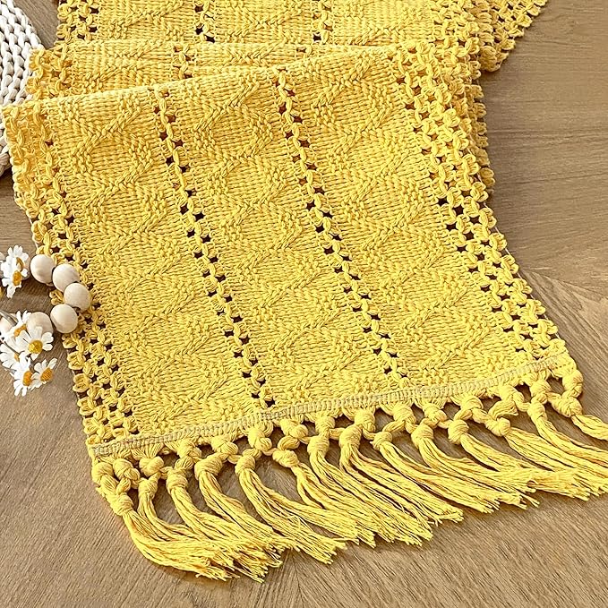 Gold Macrame Table Runner with Tassels by FEXIA