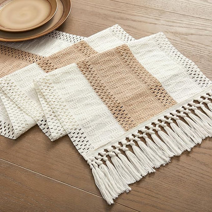 ZeeMart Macrame Style Bicolor Stitching Table Runner, 14 x 60 Inch Beige/Ivory - Image 7