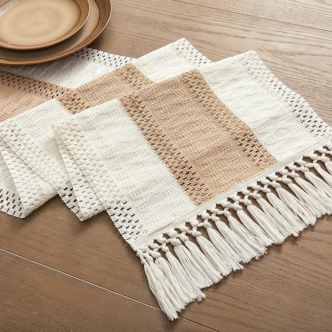 ZeeMart Macrame Style Bicolor Stitching Table Runner, 14 x 108 Inch Beige/Ivory - Image 7