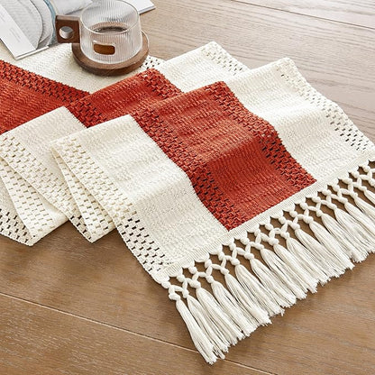 ZeeMart Macrame Style Bicolor Stitching Table Runner, 14 x 90 Inch Orange/Ivory - Image 7