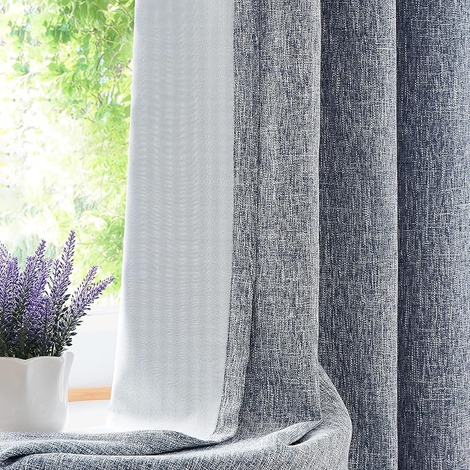 Indigo Solid Full Blackout Curtain Heavy Linen Texture Window Treatment by CentralPark