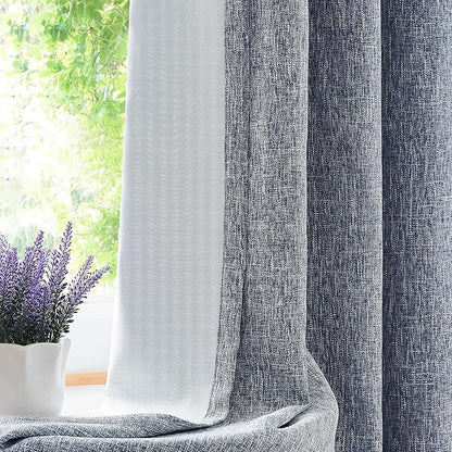 Indigo Solid Full Blackout Curtain Heavy Linen Texture Window Treatment by CentralPark